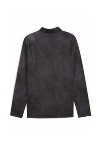 Donned sportieve longsleeve in donkergrijs met een textuurpatroon. Heeft een staande kraag en raglanmouwen. Glad stoffen afwerking.