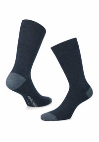 Morskie skarpetki z jasnoszarymi akcentami na pięcie i palcach, wykonane z miękkiego, teksturowanego materiału; mają ściągacz na górze i logo w okolicy kostki.