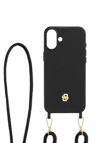 Juodas telefono dėklas iš matinio silikono, su auksiniu logotipu, angomis kamerai ir mygtukams, juodas pintas dirželis su auksinėmis detalėmis.