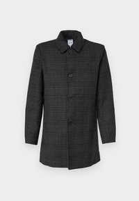 Abrigo de lana a cuadros en gris oscuro con cierre de botones en la parte delantera, mangas largas y un cuello clásico, diseñado para la ropa exterior masculina.