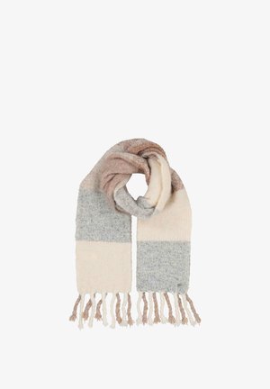 Knit scarf featuring alternating soft hues of cream, gray, and blush, with fringed ends for added texture. Material appears cozy and warm.