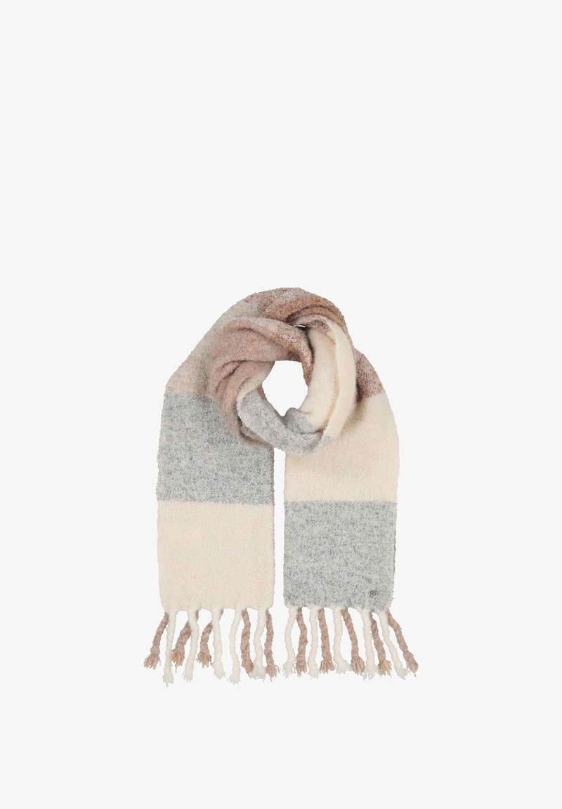 Bufanda de punto que presenta tonos alternos suaves de crema, gris y rosa, con extremos desflecados para añadir textura. El material parece acogedor y cálido.