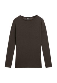 Bluzka z długim rękawem w ciemnobrązowej tkaninie z okrągłym dekoltem i ozdobnymi guzikami po lewej stronie, zapewniająca luźne dopasowanie i gładką fakturę.