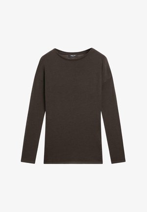 Top met lange mouwen in donkerbruine stof met een ronde hals en knoopaccenten aan de linkerkant, met een relaxte pasvorm en een gladde textuur.