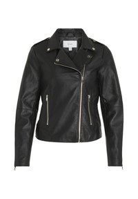 Black leather motorcycle jacket with an asymmetrical zipper, silver hardware, two zippered pockets, and structured seams.