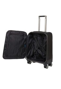 Schwarzer Rollkoffer aus strapazierfähigem Material, mit einem erweiterbaren Innenraum, einem Reißverschlussnetzfach und vier Rädern für eine einfache Manövrierbarkeit.