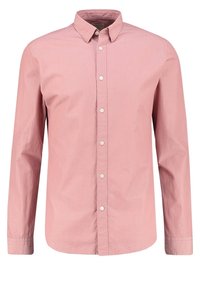 Ljusrosa långärmad skjorta i bomull, med knäppkrage, knappslå framtill och slät textur.