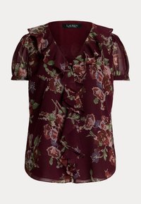 Burgunderry floralblus med volang vid V-ringning, korta puffärmar och gröna och rosa blommönster på lättviktigt tyg.