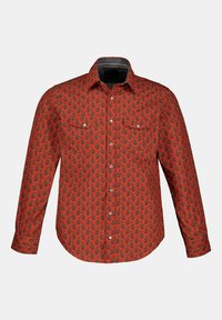 Rode longsleeve overhemd met een zwart bloemenpatroon, puntige kraag en voorzakken met drukknoopsluiting. Gladde textuur, getailleerde pasvorm.