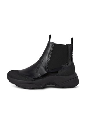 Black ankle boots with a glossy leather upper and elastic side panels. Features rubber sole with textured accents and pull tabs for easy wear.