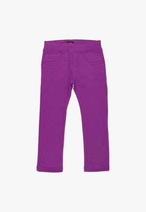 Fioletowe legginsy wykonane z elastycznego materiału, cechujące się dopasowanym krojem, dwiema przednimi kieszeniami oraz prostym paskiem w talii bez dodatkowych zdobień.