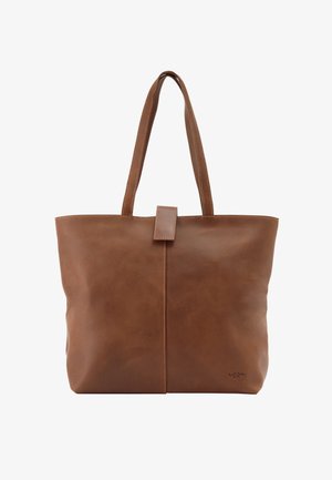 Pruun nahast käekott kahe õlarihmaga ja keskmise klapikinnitusega, sileda tekstuuri ja peente õmblusdetailidega.