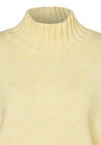 Yellow knitted sweater with a high ribbed collar. Soft texture, even color with slight variations. Classic fit and simple design.