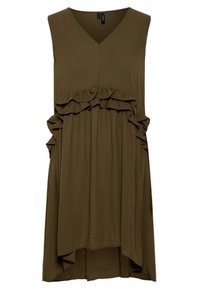 Hihaton, tummanvihreä mekko, jossa on V-pääntie, rypytettyjä yksityiskohtia vyötäröllä ja virtaava, epäsymmetrinen helma. Pehmeä kangas.