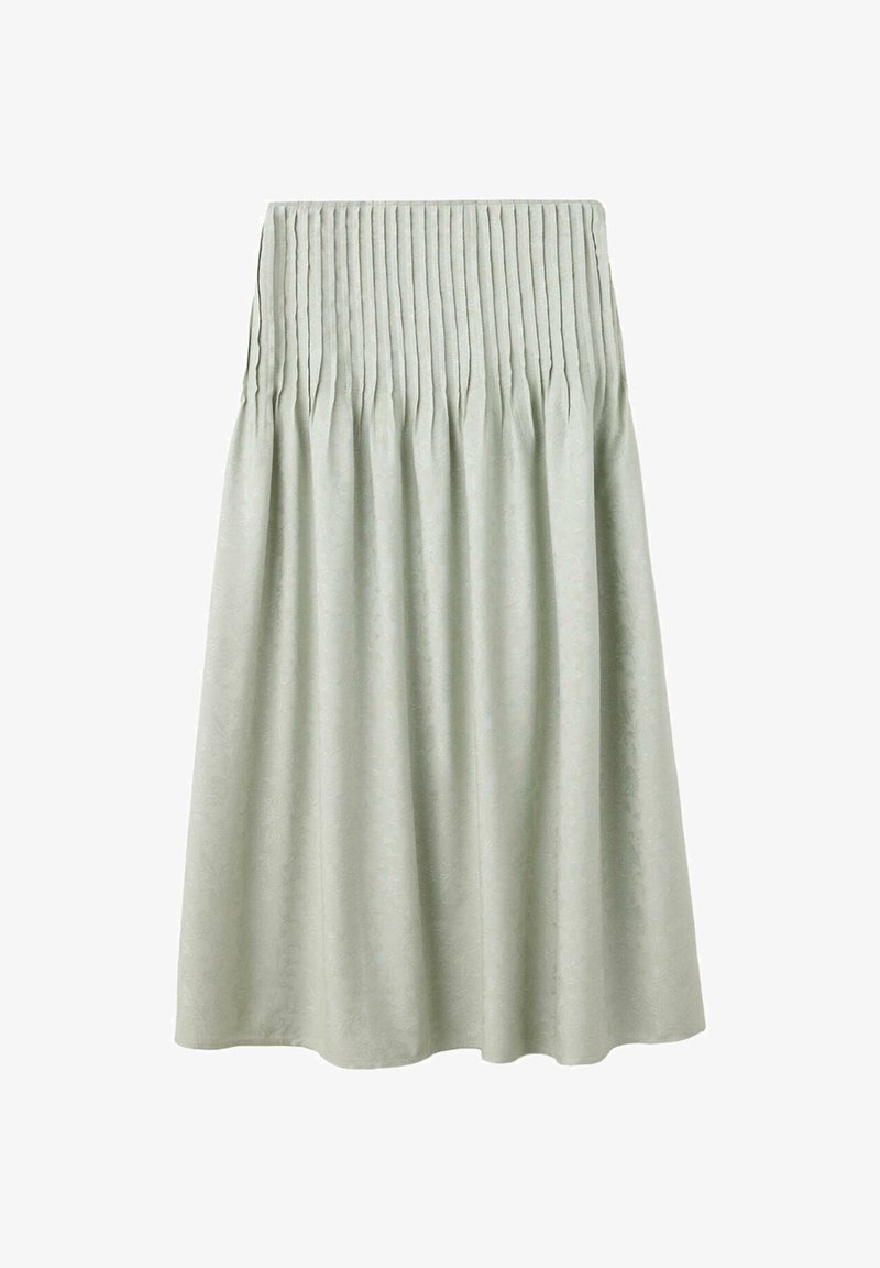 Jupe midi gris clair avec une large ceinture smockée et une texture florale subtile, suspendue droite sur un fond blanc.
