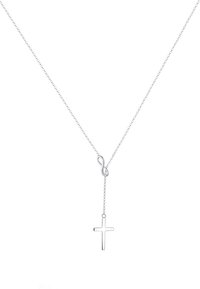 Sølv halskæde med en delikat kæde, der har en uendelighedsloop og et lille kors vedhæng, der hænger nedenfor. Enkel, elegant design.
