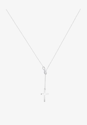 Collier en argent avec une chaîne délicate présentant une boucle de l'infini et une petite croix suspendue en dessous. Design simple et épuré.
