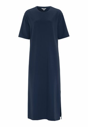 Mørkeblå midi-kjole med korte ærmer, rund hals og sideslids, lavet af glat stof.