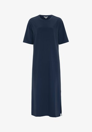Mørkeblå midi-kjole med korte ærmer, rund hals og sideslids, lavet af glat stof.