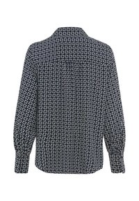 Marineblauw blouse met wit geometrisch patroon, lange mouwen met geplooide manchetten, kraaglijn en een knoopsluiting aan de achterzijde.