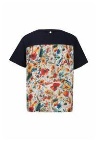 Korte mouwen T-shirt met een marineblauwe bovenkant en een kleurrijke bloemenprint op de onderzijde. De achterkant is voorzien van een kleine ronde accentknop.