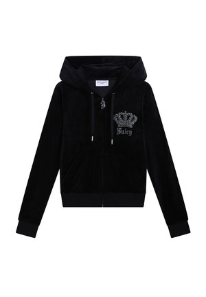 Schwarzer Velours-Kapuzenpullover mit Reißverschluss, Kapuze, Fronttaschen, Kordelzügen sowie silberner Strass-Krone und "Juicy"-Schriftzug auf der linken Brust.