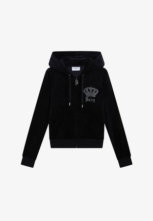 Schwarzer Velours-Kapuzenpullover mit Reißverschluss, Kapuze, Fronttaschen, Kordelzügen sowie silberner Strass-Krone und "Juicy"-Schriftzug auf der linken Brust.