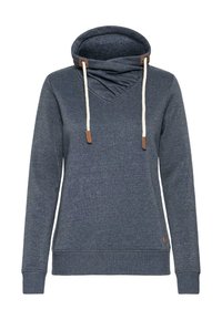 Hettegenser i mørkeblå med en teksturert finish, med cowl-hals, kremfargede snorer og brune detaljer ved hetta og kanten.