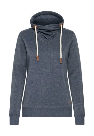 Hettegenser i mørkeblå med en teksturert finish, med cowl-hals, kremfargede snorer og brune detaljer ved hetta og kanten.