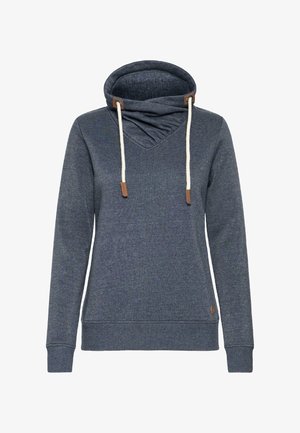 Tmavě modrá mikina s kapucí a texturovaným povrchem, s volným výstřihem, krémovými šňůrkami a hnědými akcenty na kapuci a lemu.