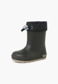 Botte en caoutchouc noire avec une semelle intermédiaire texturée, un bout arrondi et un revers en tissu fixé par un cordon de serrage. Logo de la marque sur le côté.
