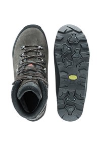 Scarpe da trekking in pelle grigio scuro con fodera in mesh traspirante, lacci robusti e suola in gomma nera con un modello di battistrada robusto.
