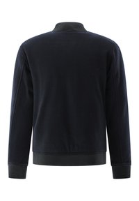 Marineblaue Fleecejacke mit langen Ärmeln, geripptem Kragen, Bündchen und Saum, von hinten auf weißem Hintergrund gezeigt.