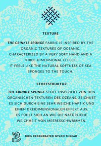 De Crinkle Sponge stof heeft een zachte, driedimensionale textuur, die doet denken aan oceaansponzen, op een blauwe achtergrond, gemaakt van 100% geregenereerd nylon garen.