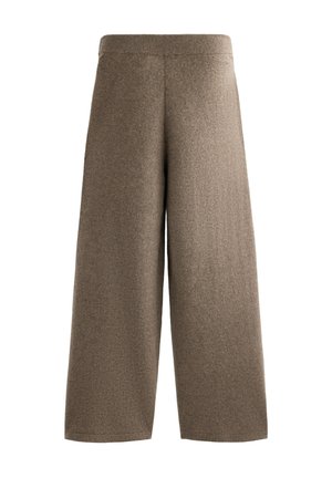 Pantaloni a gamba larga realizzati in morbido tessuto marrone con un alto elastico in vita, caratterizzati da una superficie liscia e senza hardware o motivi visibili.