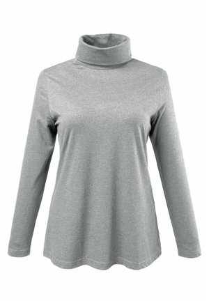 Grauer Rollkragenpullover aus einem weichen, dehnbaren Stoff. Lange Ärmel und eine lockere Passform mit einem abgerundetem Saum. Minimalistisches Design ohne Muster.