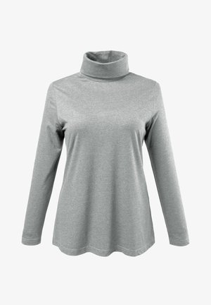 Grauer Rollkragenpullover aus einem weichen, dehnbaren Stoff. Lange Ärmel und eine lockere Passform mit einem abgerundetem Saum. Minimalistisches Design ohne Muster.