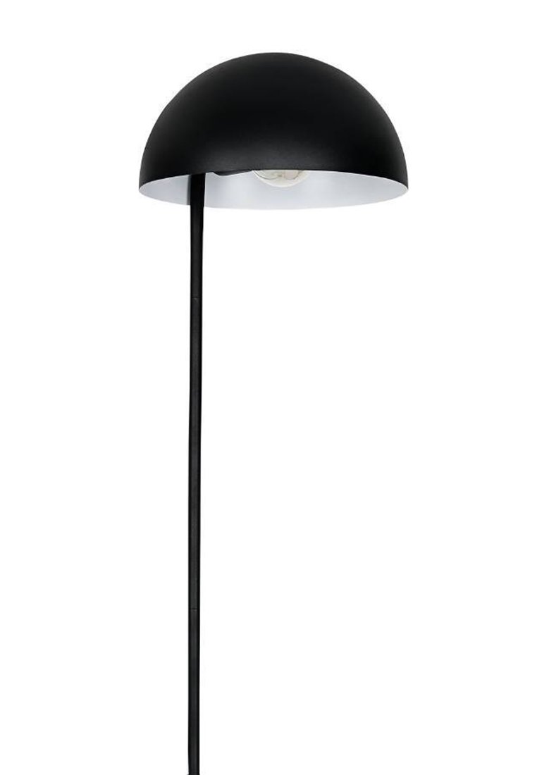 Schwarz-weiße Schreibtischlampe mit einem runden Schirm, schwarzem Stängel und einer sichtbaren Glühbirne; elegantes, modernes Design mit minimalen Details.