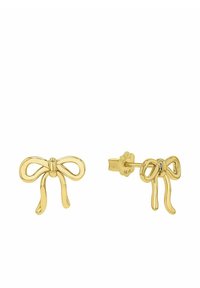 Orecchini a stud color oro a forma di fiocchi, con bordi lisci e arrotondati e code fluenti. Ogni fiocco presenta un dettaglio centrale a nodo.
