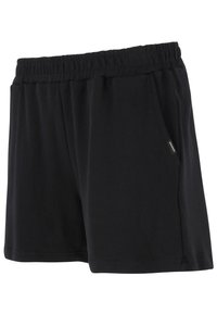 Svarta shorts i mjukt tyg, med elastisk midja och sidofickor, med en slät textur och en enkel design.