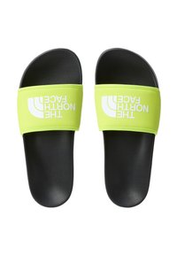 Sandali neri da mare con fascia gialla neon che riporta "THE NORTH FACE" in bianco. Plantare testurizzato nero per aderenza e comfort.