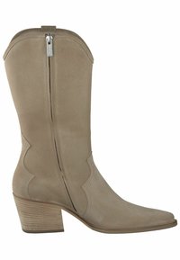 Stivale da cowboy in suede beige con punta appuntita, chiusura con zip laterale, cuciture decorative e tacco impilato.
