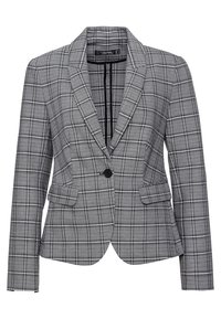 Černobílý kostkovaný blazer s klopami, jedno knoflíkové zapínání, dvě přední kapsy a přiléhavý střih. Hladká textury látky.