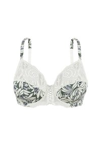 Sujetador con estampado floral en tonos verdes y blancos, que presenta un ribete de encaje en la parte superior, tirantes ajustables y un cierre decorativo en la parte delantera.