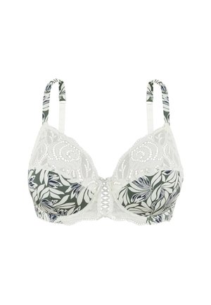 Soutien-gorge à motif floral avec des nuances de vert et de blanc, présentant un haut en dentelle, des bretelles réglables et une fermeture décorative à l'avant.