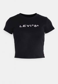 Sort bomulds T-shirt med korte ærmer, med hvid "LEVI'S®" logo hen over brystet og et lille rødt mærke på siden.