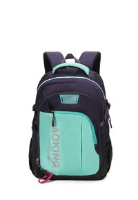 Zaino in viola scuro e teal, con un ampio scomparto principale, tasca frontale con zip e spallacci regolabili. Dettaglio del marchio bianco visibile.