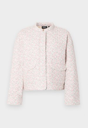 Λευκό κοντό μπουφάν με ροζ και πράσινο λουλουδένιο σχέδιο, γιακά που στέκεται, μακριά μανίκια και δύο εμπρόσθιες τσέπες με καπάκια.