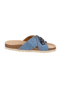 Sandal a scivolo intrecciato blu con due cinturini incrociati, una soletta in sughero e una suola in gomma testurizzata. Accentuato da un dettaglio con fibbia nera.