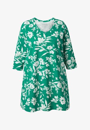 Groene bloemen tuniekjurk met een V-hals, driekwart mouwen en witte botanische patronen op een gladde, zachte stof.